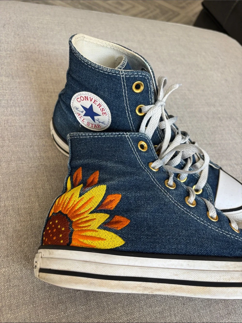 Converse Chuck Taylor Custom Hi Floral Embroidery Sunflower Sneakers in Denim 8 - Picture 2 of 10